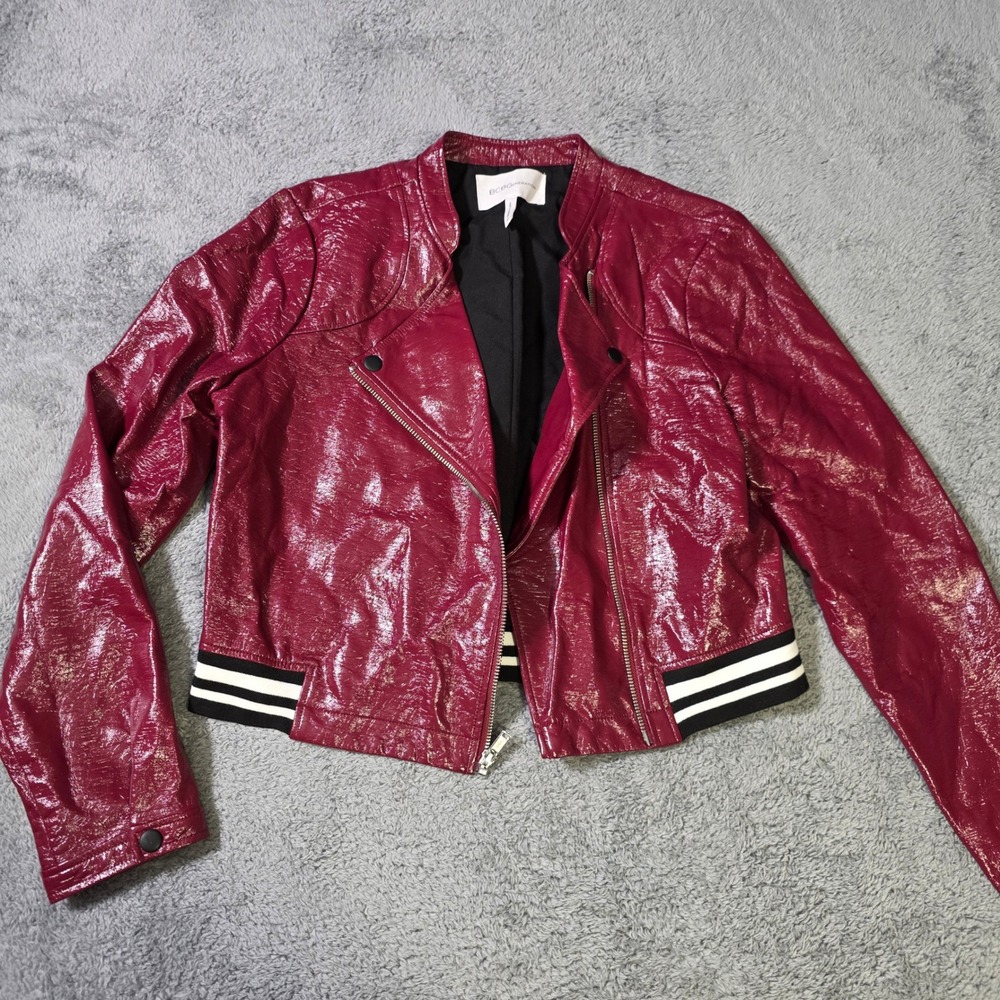 BCBGeneration Womens M Moto Jacket Burgundy Red Crinkled Faux Leather Ribbed Hem